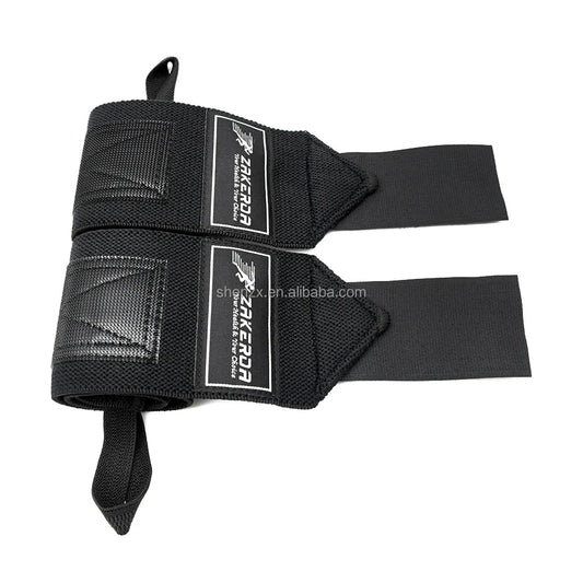 ZAKERDA Customized Adjustable Black Gym Fitness Polyester Cotton and Latex Silk Home Workout OEM Logo Powerlifting Wrist Straps