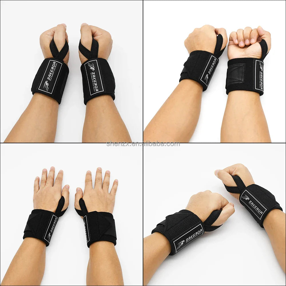 ZAKERDA Customized Adjustable Black Gym Fitness Polyester Cotton and Latex Silk Home Workout OEM Logo Powerlifting Wrist Straps