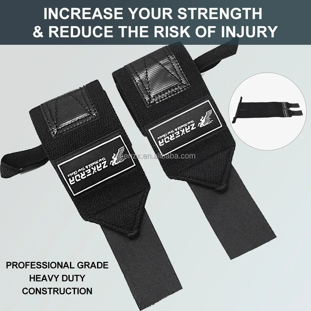 ZAKERDA Customized Adjustable Black Gym Fitness Polyester Cotton and Latex Silk Home Workout OEM Logo Powerlifting Wrist Straps